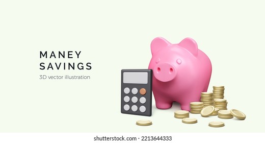 Calculator piggy bank and stack of gold coins in 3D realistic cartoon style. Money savings concept. Finance management banner. Vector illustration