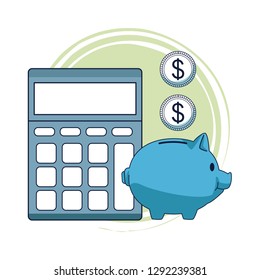 Calculator and piggy with coins