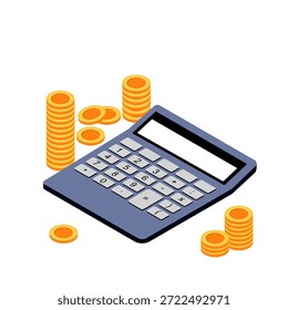 calculator with pile of coin. Icon saving or accumulation of money, investment. Icon piggy bank in a isometric style. illustrator vector.

