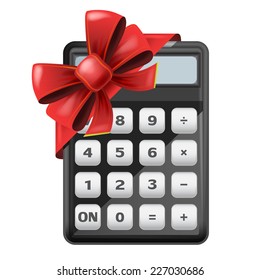 calculator with red festive bow wrapping vector isolated illustration