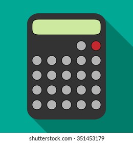 Calculator with round buttons and green display on turquoise blue background with long drop shadow. EPS 8 vector illustration, no transparency