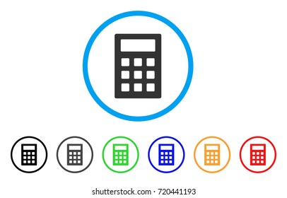 Calculator rounded icon. Style is a flat calculator gray symbol inside light blue circle with black, gray, green, blue, red, orange versions. Vector designed for web and software interfaces.