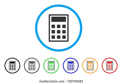 Calculator rounded icon. Style is a flat calculator gray symbol inside light blue circle with black, gray, green, blue, red, orange versions. Vector designed for web and software interfaces.