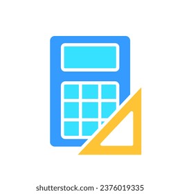 Calculator with ruler line icon. Teacher, geometry, lesson, university, higher mathematics, area. Vector color icon on white background for business and advertising.