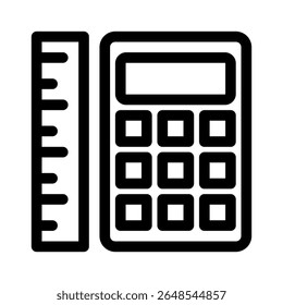 Calculator and Ruler line icon.School supplies. Simple vector symbol used for school, travel, or education themes. Clean linear design, editable stroke, isolated on white.