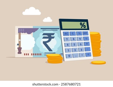 Calculator and of rupee banknote. Loan calculation, budget allocation, expense and debt pay off or payment. Flat vector illustration