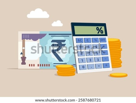 Calculator and of rupee banknote. Loan calculation, budget allocation, expense and debt pay off or payment. Flat vector illustration