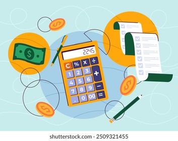 Calculadora con sueldo. Contabilidad y presupuesto. Alfabetización financiera e ingresos pasivos. Billete financiero y billetes, monedas de oro. Día de pago del empleado. Ilustración vectorial plana