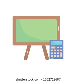 calculator and school blackboard over white background, flat style, vector illustration