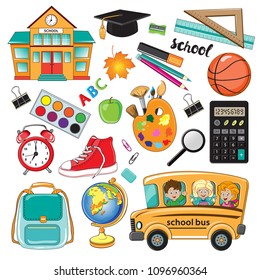 Calculator, school bus, school building, schoolchildren and other school subjects on a white background