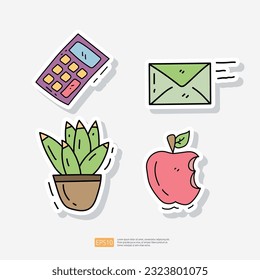 calculadora. enviar correo electrónico. maceta de flores. conjunto de stickers de icono de garrapata de manzana mordida ilustración vectorial