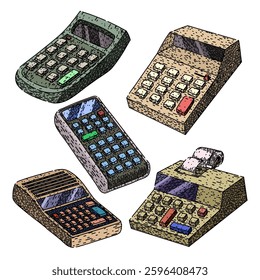 calculator set hand drawn. subtraction multiplication, scientific graphing, financial online calculator vector sketch. isolated color illustration