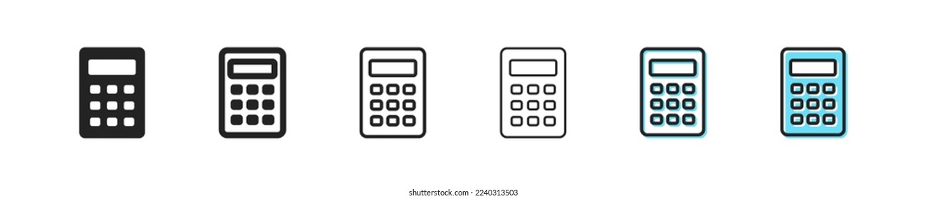 Calculator set icon. Algebra, geometry, mathematics, study, school, architecture, science, project, design, count, calculations. Technology concept. Six vector line icon in different styles
