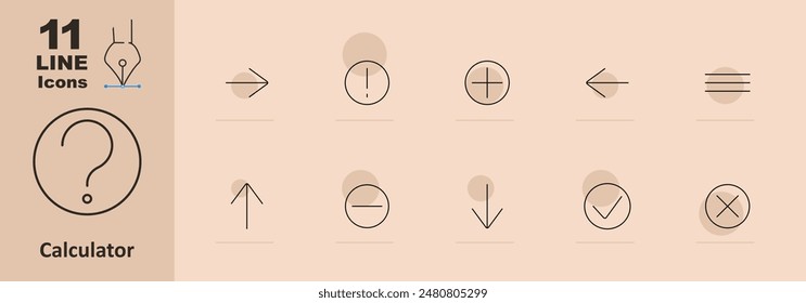 Calculator set icon. Question mark, arrow, exclamation mark, plus, minus, equal, check mark, cross, upward arrow, downward arrow. Mathematical and calculation concept