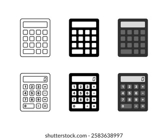 Calculator set icons. Linear, silhouette and flat style. Vector icons.