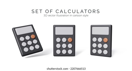 Calculator set. Office calculator in black colors with different views. 3D realistic calculator in cartoon style for business illustration. Vector isolated on white