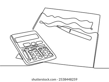 Calculadora com uma folha de papel de cálculo ao lado representado em desenho contínuo de uma linha. Conceito de educação com ênfase em matemática e resolução de problemas.