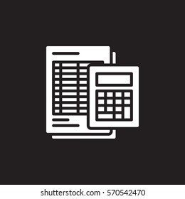 Calculator and sheet icon vector, filled flat sign, solid white pictogram isolated on black. Accounting symbol, logo illustration