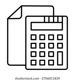 Calculator and sheet of paper thin line icon, bookkeeping, cost calculation concept, data estimation sign on white background, outline style icon for mobile and web design. Vector graphics