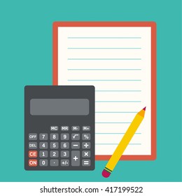 Calculator, sheets of paper and a pencil. 