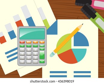 calculator and sheets of report on work space