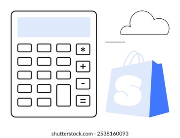 Calculator and shopping bag visual with cloud in the background Ideal for themes finance, online shopping, e-commerce, budgeting, cloud computing. Modern clean style