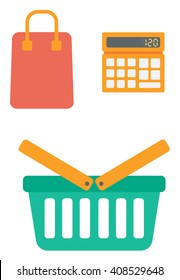 Calculator, shopping basket and bag.