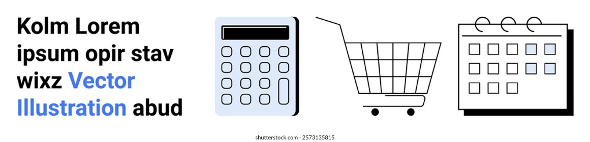 Calculator shopping cart and calendar next to placeholder text. Ideal for finance scheduling e-commerce budgeting and productivity. Banner for landing page