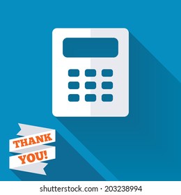 Calculator sign icon. Bookkeeping symbol. White flat icon with long shadow. Paper ribbon label with Thank you text. Vector