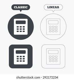 Calculator sign icon. Bookkeeping symbol. Classic and line web buttons. Circles and squares. Vector