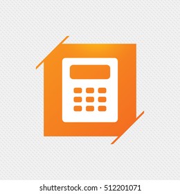 Calculator sign icon. Bookkeeping symbol. Orange square label on pattern. Vector