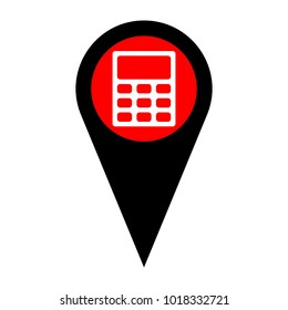 Calculator sign illustration. Vector. Flat white icon in red circle at black marker on white background. Isolated.