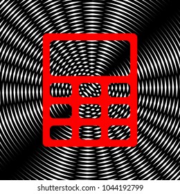 Calculator sign illustration. Vector. Red icon on white and black radial interference as background.