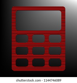 Calculator sign illustration. Vector. Striped red and black icon at gradient blackish background. Zebra.