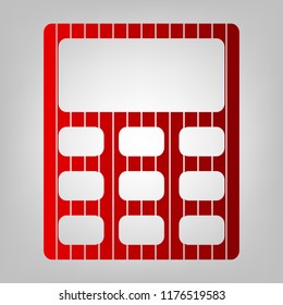 Calculator sign illustration. Vector. Vertically divided icon with colors from reddish gradient in gray background with light in center.