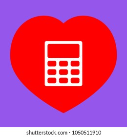 Calculator sign illustration. Vector. White icon in red heart at lavender background.