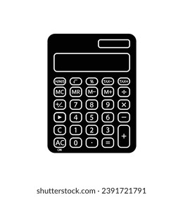 Vector de silueta calculadora sobre fondo blanco. Iconos de suministro de Office. Símbolos estacionarios. Artículo para oficina, concepto escolar.