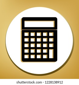 Calculator simple sign. Vector. Black icon with light brown shadow in white circle with shaped ring at golden background.