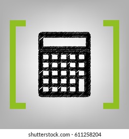 Calculator simple sign. Vector. Black scribble icon in citron brackets on grayish background.