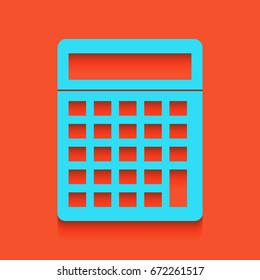 Calculator simple sign. Vector. Blue icon with soft shadow putted down on flamingo background.