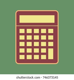Calculator simple sign. Vector. Cordovan icon and mellow apricot halo with light khaki filled space at russian green background.