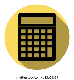 Calculator simple sign. Vector. Flat black icon with flat shadow on royal yellow circle with white background. Isolated.