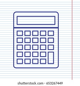 Calculator simple sign. Vector. Navy line icon on notebook paper as background with red line for field.