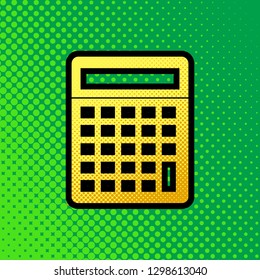 Calculator simple sign. Vector. Pop art orange to yellow dots-gradient icon with black contour at greenish background.
