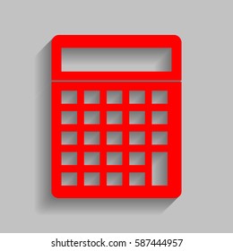 Calculator simple sign. Vector. Red icon with soft shadow on gray background.