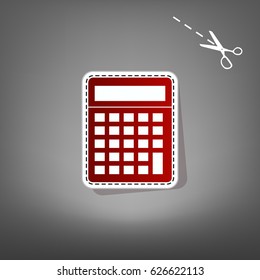 Calculator simple sign. Vector. Red icon with for applique from paper with shadow on gray background with scissors.