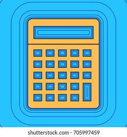 Calculator simple sign. Vector. Sand color icon with black contour and equidistant blue contours like field at sky blue background. Like waves on map - island in ocean or sea.