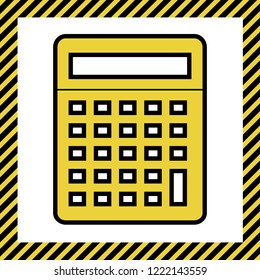 Calculator simple sign. Vector. Warm yellow icon with black contour in frame named as under construction at white background. Isolated.