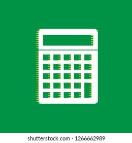 Calculator simple sign. Vector. White flat icon with yellow striped shadow at green background.