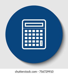 Calculator simple sign. Vector. White contour icon in dark cerulean circle at white background. Isolated.